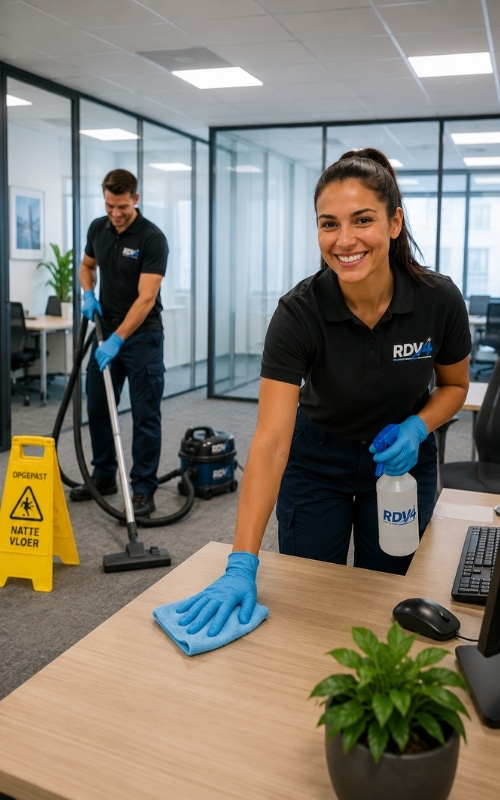 Personeel aan het werk vrolijk voor vacature pagina RDV Plus Groningen. Reiniging en dienstverlening